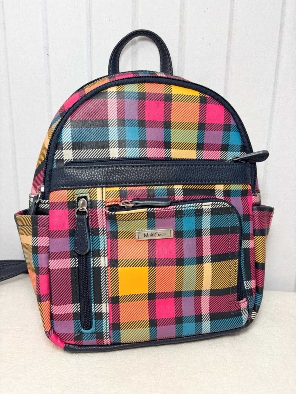Multisac Plaid Vibrant Multi-color Medium Backpack Blue Pink Orange Faux Leather